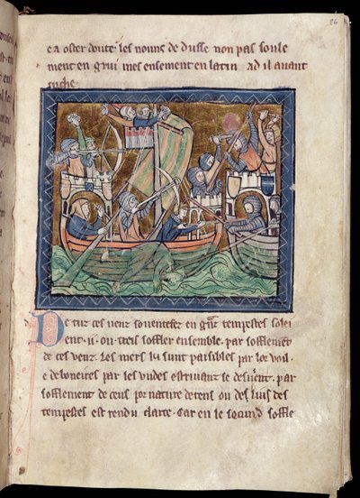 MS Marlay Adicionar 1 f.86 Página de texto com iluminação de uma batalha no mar, de De Re Militari, c.1270 de French School
