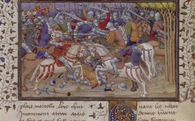 MS Royal 20 B.XX fol.16v Derrota de Filipe por Pausanias, com cavaleiros montados lutando, de 
