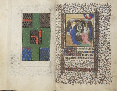MS Widener 4, ff.26v-27r, Brasão e a Anunciação, de um Livro de Horas, uso de Rennes, c.1405 (caneta & tinta e têmpera em velino) de French School
