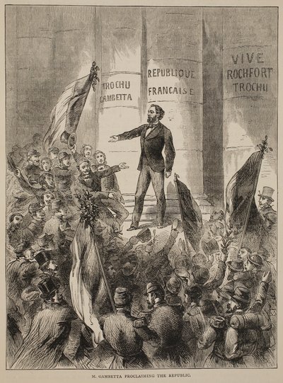 M. Gambetta proclamando a República, em setembro de 1870, ilustração de Cassells História da Guerra entre a França e a Alemanha, 1870-1871 de French School