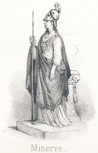 M Minerva: Deusa da cabeça de Júpiter, armada com o pé na capa e a lança na mão Sob o nome de Minerva, ela era deusa da sabedoria e sob o nome de Pallas, ela era deusa da guerra. de French School