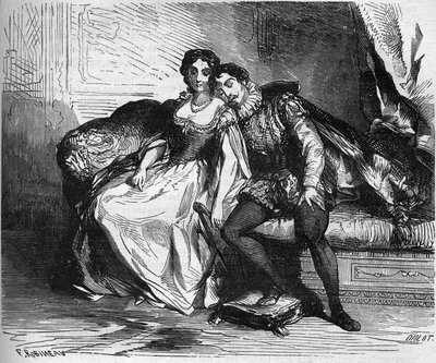 Madame de Sauve, em representação da Rainha Catarina de Medicis, seduziu o Rei Henrique de Navarra (1553-1610). Gravação em "A história da prostituição e do deboche entre todos os povos do mundo desde a antiguidade até os dias de hoje" pelo Dr. Th. -F. Deb de French School