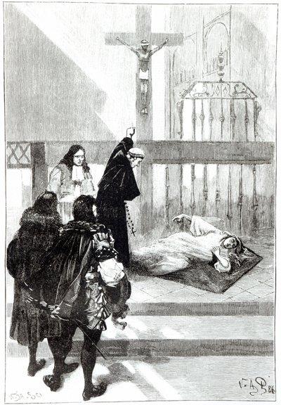 Madame de Sazilles é exorcizada na presença do duque Gaston d&39;Orléans, ilustração para os possuidores de Loudun em Les Mysteres de Ia Science, de Louis Figuier, 1886 de French School