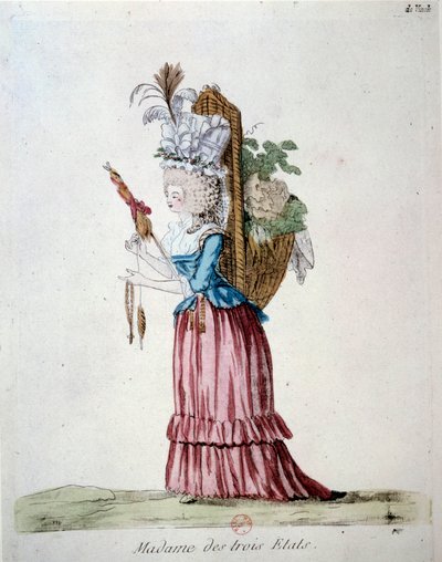 Madame dos Três Estados Uma mulher vestida elegantemente e carregando uma cesta de frutas e legumes representando os três estados na época da revolução francesa. Gravura de 1789. Biblioteca do Arsenal, paris de French School