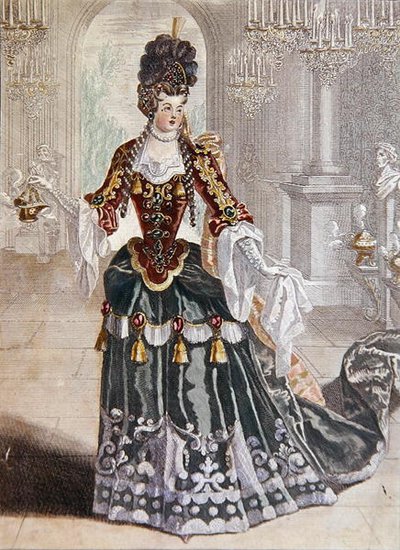 Mademoiselle Desmatins no papel de Psyche na ópera de Lully, c.1703 (gravura a cores) de French School