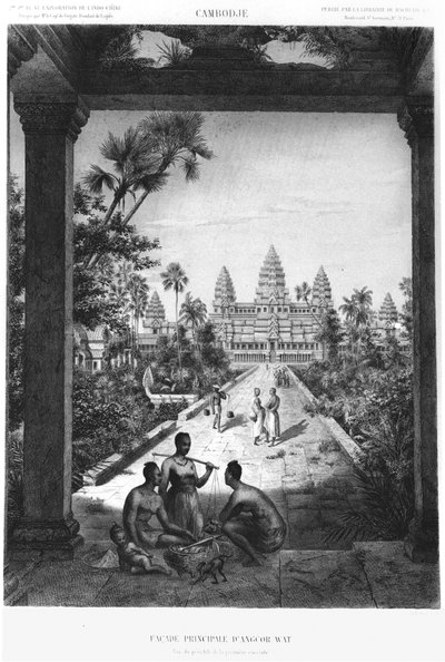 Fachada principal de Angkor Wat, ilustração do Atlas da viagem de exploração na Indochina, 1866-68 por Doudart de Lagree, publicado em 1873, Paris, Hachette de French School