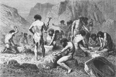 Fazendo e polindo o silex em Pressigny, ilustração de LHomme Primitif por Louis Figuier, publicado por Hachette, 1870 de French School