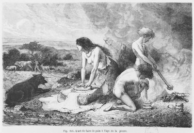 Fazendo pão na idade da pedra, ilustração de LHomme Primitif por Louis Figuier, publicado pela Hachette, 1870 de French School