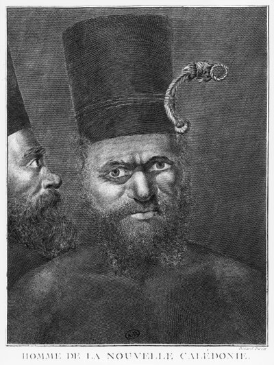 Homem da Nova Caledônia, ilustração da segunda viagem do capitão James Cook, gravada por Benard (século XVIII) 1774 de French School