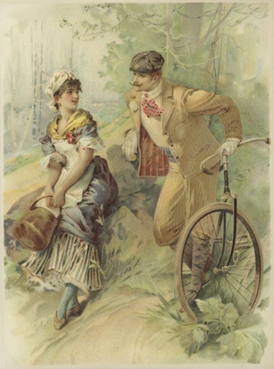 Homem de bicicleta a fazer propostas a uma empregada (cromolitografia) de French School
