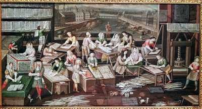 Fabricação de Cartas de Jogo em uma Casa no Place Dauphine (desenho para um ventilador, guache em papel, c.1680) de French School