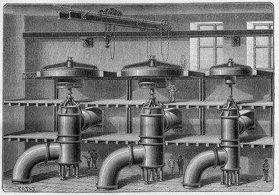 Fabricação de alumínio; instalação de turbinas e dínamos na fábrica de Neuhausen (Suíça). Gravação em "La Nature. Revue des sciences et de ses applications aux arts et a l