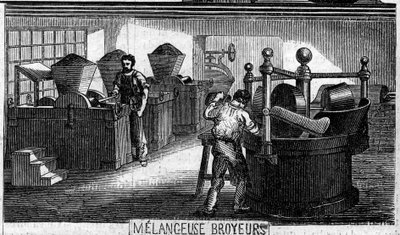 Fabricação de chocolate: máquinas de mistura e trituração. Usine de M. Masson, Paris de French School