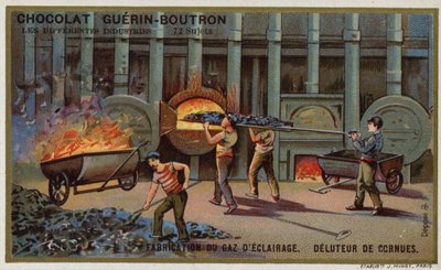 Fabricação de gás para iluminação. Remoção de coque das retortas (chromolitho) de French School