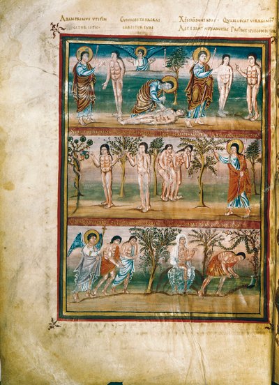 Página de manuscrito representando episódios da vida de Adão e Eva: criação de Adão e Eva. O pecado original. Expulsão do Paraíso (miniatura) de French School
