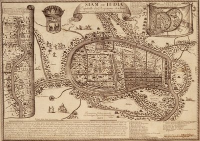 Mapa de Ayutthaya, 1686 (tinta no papel) de French School