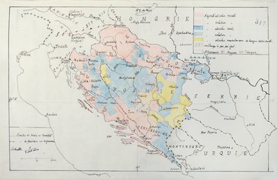 Mapa da Bósnia com detalhes das áreas ocupadas por grupos étnicos minoritários, 1910 (caneta, tinta e wc) de French School