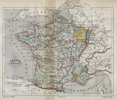 Mapa da França sobre a morte de Luís XIV em 1715 - Plan de La France a la mort de Luís XIV en 1715 - gravura em "Histoire de France" de Victor Duruy (1811-1894) - 1882 de French School