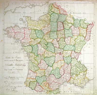 Mapa da França mostrando planos para dividir os Departamentos, 1789 (cor litho & ink) de French School