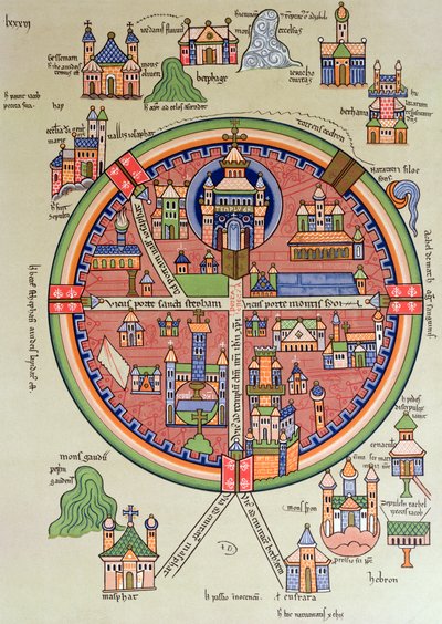 Mapa de Jerusalém e Palestina, incluindo os locais sagrados e o Templo de Salomão de French School