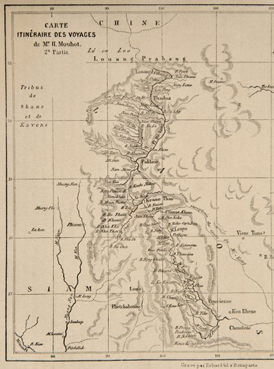 Mapa do Laos e do rio Mekong mostrando a rota da viagem de Henri Mouhot, ilustração das viagens nas partes centrais da Indochina (Siam), Camboja e Laos Durante os anos de 1858, 1859, um de French School