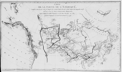 Mapa da América do Norte, traçando as expedições de Sir Alexander Mackenzie em 1789 e 1798 para o Oceano Ártico de French School