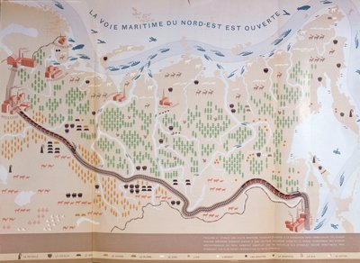 Mapa da Sibéria mostrando os imensos recursos naturais da área e retratando uma rota marítima que abriria o comércio, 1933 de French School