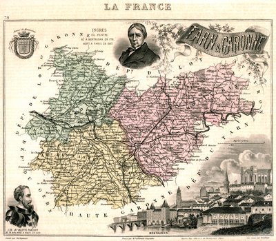 Mapa de Tarn-et-Garonne com vista de Montauban e retratos de Ingres e Jean Parisot de La Valette (cor litho) de French School