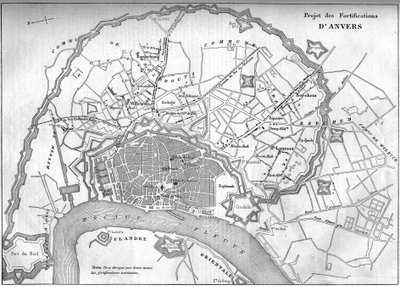 Mapa da cidade de Antuérpia (Bélgica) em 1859; representando o projeto das novas fortificações. Gravura no "Le Monde Illustré" n°128 de 24 de setembro de French School