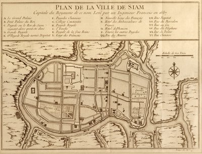 Mapa da cidade de Sião, capital do reino de mesmo nome, após uma pesquisa feita por um engenheiro francês em 1687, publicada na edição de 1751 da Histoire Generale des Voyages por Antoine Prevost de French School