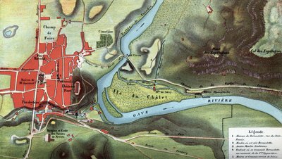 Mapa do país de Lourdes, em 1858, ano das visões de Bernadette Soubirous: mostra a localização da sua casa e da gruta. Altos Pirenéus (65). Cromolitografia em "Notre Dame de Lourdes" de Henri Lasserre de French School