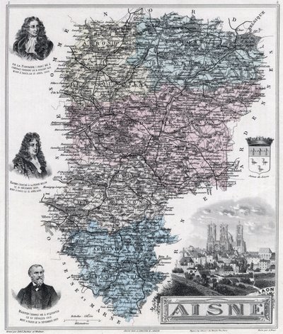 Mapa do departamento de Aisne (gravura 1889) de French School