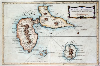 Mapa da ilha da Martinica, da ilha de Saintes e da ilha de Marie Galante nas Índias Ocidentais. Gravura dos Chartres do século XIX, Musee des Beaux Arts de French School