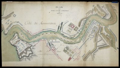 Mapa do porto e do arsenal de Brest em 1754. de French School