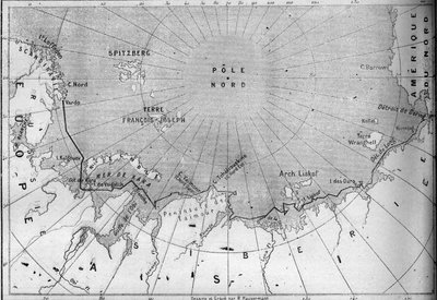 Mapa da viagem do "Vega" traçado pelo explorador Nils Adolf Erik (Eric) Barão Nordenskjold (Nordenskiold) (1832-1901). Em 1878 Nordenskjold passou do Oceano Atlântico para o Oceano Pacífico ao longo da costa da Sibéria. Gravura em "Le Monde Illust de French School