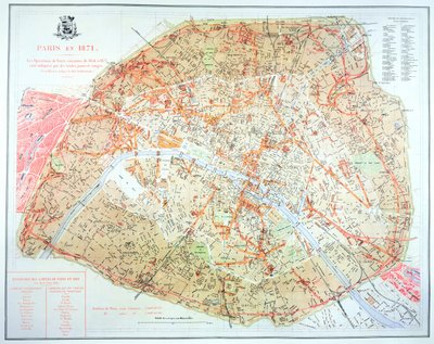 Mapa mostrando a extensão do trabalho durante o período de desenvolvimento de Haussmann em Paris de 1854-1871, 1871 de French School