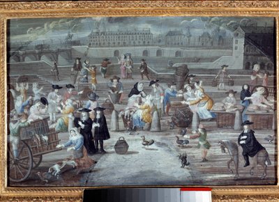 Março com aves e pão, quai des Grands Augustins em Paris em 1660. Pintura francesa anónima de French School