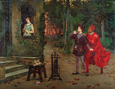 Marguerite, Faust e Mephisto Cena de Fausto por Charles Gounod (1818-1893). por volta de 1900. de French School
