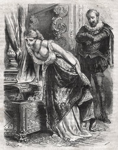 Marguerite de Valois (1553-1615), conhecida como Rainha Margot, esconde Julien de Leris, seu amante, em um cofre. Seu marido, o rei Henrique IV da França (1553-1610), observa a cena com diversão. Século XVI. Gravura de 1871 em "Histoire Des Cocuses Celebre de French School
