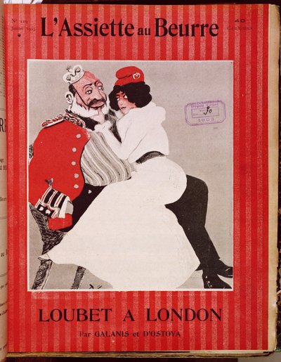 Marianne sentada sobre os joelhos do rei Eduardo VII (1841-1910), capa de La séiette au beurre, 11 de julho de 1903 de French School