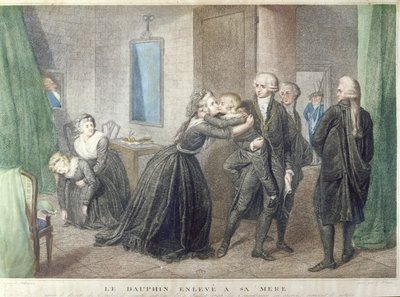 Maria Antonieta (1755-1793) se despede de seu filho, o Delfim, Louis-Charles de Bourbon (1785-1795) no Templo, em 3 de julho de 1793, (gravura colorida) de French School