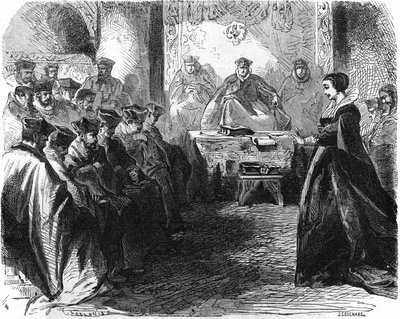 Marie Stuart (1542 = 1587) durante o seu julgamento em 1587. Em "Histoire de la France", gravura do século XIX. de French School