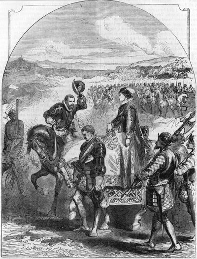 Marie Stuart a entregar-se a Elizabeth 1st de Inglaterra. Em "Histoire Populaire de la France", sd. cerca de 1885. Gravura. de French School