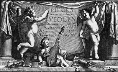 Marin Marais, frontispício de "Pieces a une et feux viololes" (Peças a une et feux viololes) de French School