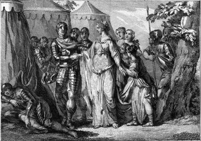 Casamento de Childeric I (ca. 436-481 ou 482), Rei dos Francos Salianos, com Bacia da Turíngia (445-491), em 463. Gravura do século XVIII. de French School