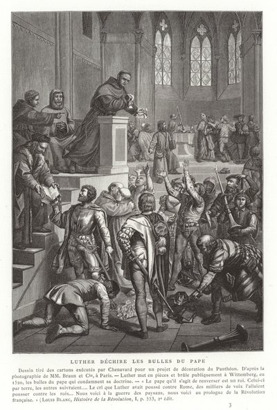 Martin Luther rasgando bulas papais, Wittenberg, Alemanha, 1520 de French School
