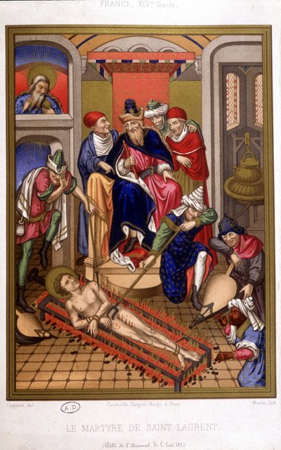 Martírio de Saint Laurent (grelhador) após miniatura da Idade Média, França século XIV. de French School