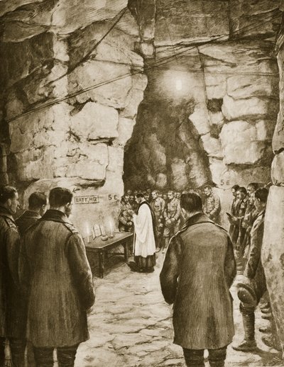 Missa sendo levada antes da batalha dentro das cavernas francesas, 1914-19 de French School