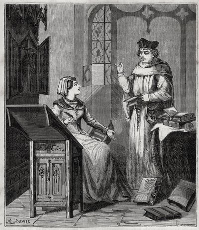 Matthieu Lansbert (Lansberg, Lansbergh, Laensberg ou Laensbergh) (século XV-16) et sa niece - Gravura em "Ciências disponibilizadas a todos - física e química" por Alexis Clerc - Final do século XIX - Colecção privada de French School