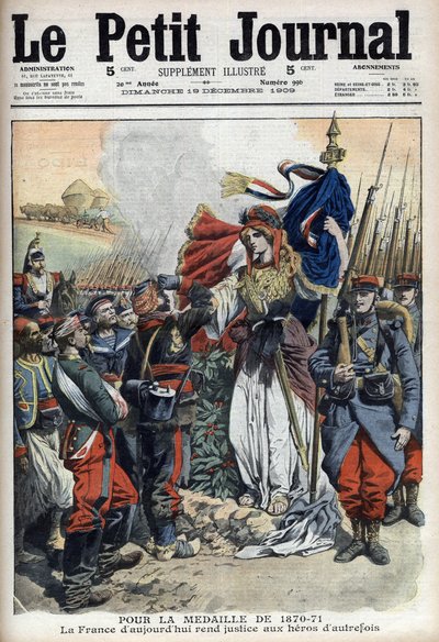 Medalha para os veteranos da guerra de 1870-1871: alegoria da França fazendo justiça aos heróis do passado - "Le Petit Journal" de 19 de Dezembro de 1909 (gravura) de French School